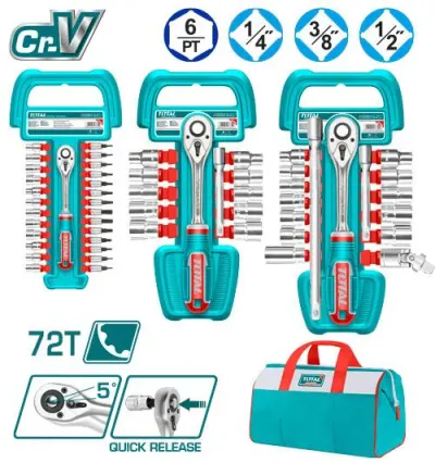 JUEGO DE RACHE 1/4-1/2-3/8"" + 57 ACCESORIOS INDUSTRIAL TOTAL (TOS23092)  Item: 23807