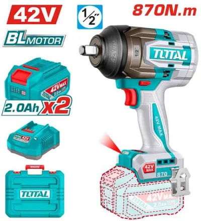 PISTOLA IMPACTO INALAMBRICA 1/2"" 42V 870NM CAJA PLASTICA INCLUYE 2 BATERIA 2.0AH , 1 CARGADOR  INDUSTRIAL SUPER TOTAL (UTIWLI42862)  Item: 23732