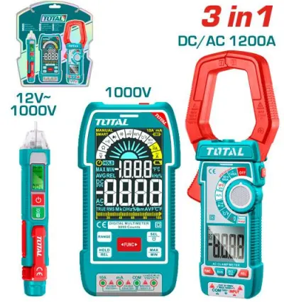 KIT MEDIDOR DE CORRIENTE DIGITAL INCLUYE PROBADOR - TESTER - PINZA SUPER  TOTAL (TOS24069)  Item: 23722