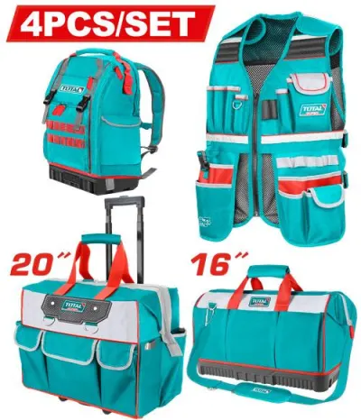 JUEGO DE PORTA HERRAMIENTA X 4 PZS (MALETIN + BOLSO + MALETA + CHALECO) ( SUPER TOTAL (TOS230914)  Item: 23698
