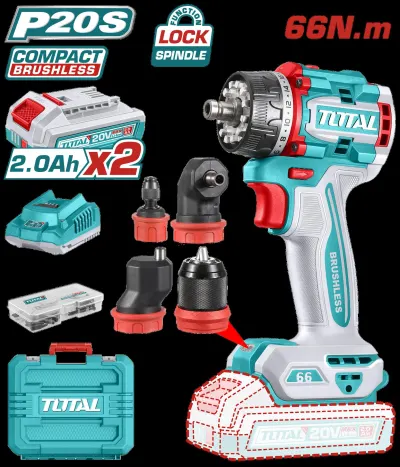 TALADRO ATORNILLADOR MULTICABEZAL 20V 66NM INCLUYE 2 BATERIAS 2.0AH, CARGADOR Y ACCESORIOS INDUSTRIAL SUPER TOTAL (UTDLI206686)   Item: 23686