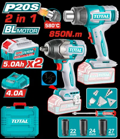 COMBO INALAMBRICO 20V PISTOLA IMPACTO INALAMBRICA 1/2"" 850NM + PISTOLA CALOR TEMPERATURA AJUSTABLE 30-580°C + 2 BATERIAS 5.0AH + CARGADOR 4.0AH + ACCESORIOS INDUSTRIAL TOTAL (UTOSLI260381)  Item: 23657