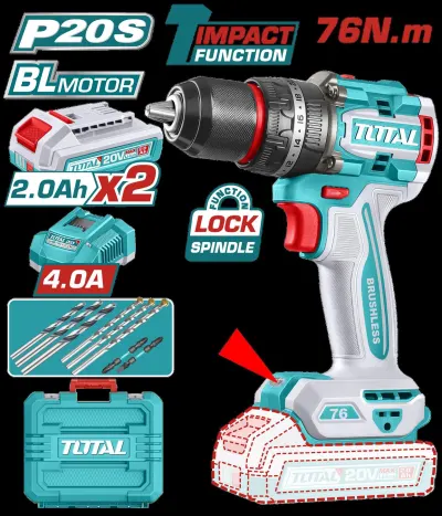 TALADRO INALAMBRICO  PERCUTOR 1/2 20V 76 NM INCLUYE 2 BATERIA DE 2.0AH, CARGADOR  Y ACCESORIOSINDUSTRIAL SUPER TOTAL (UTIDLI207686)  Item: 23637