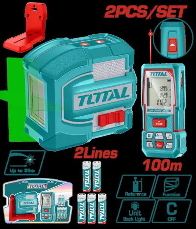 KIT NIVEL LASER 0-35M  LUZ VERDE  2  LINEAS + MEDIDOR DE DISTANCIA 100M INDUSTRIAL SUPER TOTAL (TOSLL0502)  Item: 23614
