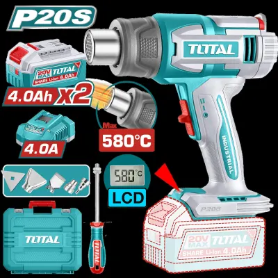 PISTOLA CALOR INALAMBRICA  20V CON TEMPERATURA AJUSTABLE 30-580°C  PANTALLA LCD INCLUYE 4 BOQUILLAS 1 RASCADOR + 2  BATERIA  4.0AH  Y CARGADOR  INDUSTRIAL SUPER TOTAL (UTBLI20582)  Item: 23608