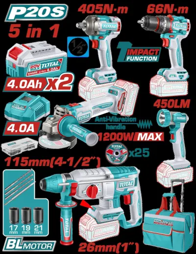 COMBO INALAMBRICO 20V TALADRO ROTOMARTILLO 1""  SDS PLUS 2,5 JULES + PISTOLA IMPACTO INALAMBRICA 1/2"" 405NM +  TALADRO DE IMPACTO 1/2"" 66NM + PULIDORA  4 1/2"" 1200W  + LINTERNA INALAMBRICA 450 LUMENES  + 2 BATERIAS 4.0AH + CARGADOR INCLUYE ACCESORIOS INDUSTRIAL SUPER TOTAL (UTCKLI20595)  Item: 23601