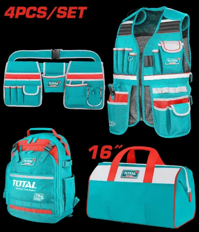 JUEGO DE PORTA HERRAMIENTA X 4 PZS (CHALECO + MALETIN + BOLSO + PORTA HERRAMIENTA) SUPER TOTAL (TOS230912)  Item: 23404