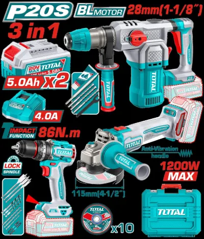 COMBO INALAMBRICO 20V TALADRO PERCUTOR  1/2"" 86NM + PULIDORA 4-1/2"" 1200W + TALADRO ROTOMARTILLO SDS PLUS 1-1/8""  4.5 JULES + 2 BATERIAS 5.0AH + CARGADOR 4.0AH INCLUYE ACCESORIOS INDUSTRIAL SUPER TOTAL (UTOSLI251195)  Item: 23221