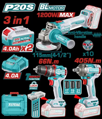 COMBO INALAMBRICO 20V PISTOLA IMPACTO INALAMBRICA 1/2"" 405NM +  TALADRO DE IMPACTO 1/2"" 66NM + PULIDORA  4 1/2"" 1200W  + 2 BATERIAS 4.0AH + CARGADOR INCLUYE ACCESORIOS INDUSTRIAL SUPER TOTAL (UTCKLI20358)  Item: 23212