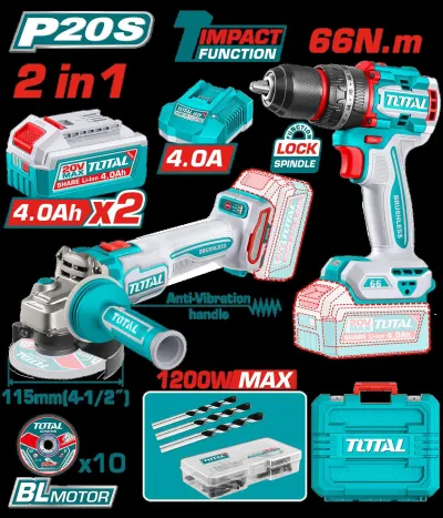 COMBO INALAMBRICO 20V PULIDORA  4 1/2 INDUSTRIAL 1000W + TALADRO PERCUTOR   1/2 66NM  + 2 BATERIAS 4.0AH + CARGADOR + ACCESORIOS CAJA PLASTICA INDUSTRIAL SUPER TOTAL (UTCKLI20256)  Item: 23211