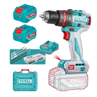 TALADRO DE IMPACTO INALAMBRICO 1/2 42V 69NM  INCLUYE 2 BATERIA DE 2.0AH, CARGADOR,47 ACCESORIOS,3 BROCAS CONCRETO y  2 PUNTAS  DESTORNILLADOR INDUSTRIAL SUPER TOTAL (UTIDLI426982)  Item: 23380